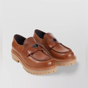 Prada Authentic Women’s Cognac Leather Lug Sole Loafer 37.5 NWT Receipt Included